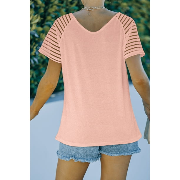 ABPHQTO Camiseta rosa de manga raglán a rayas para mujer
