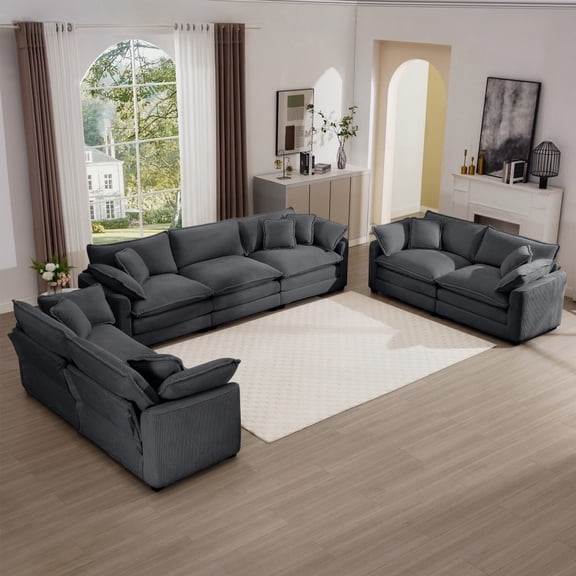 Modern Grey Corduroy 2-Piece Sofa Set (2-Seater   3-Seater) with 8 Cushions and Recliner