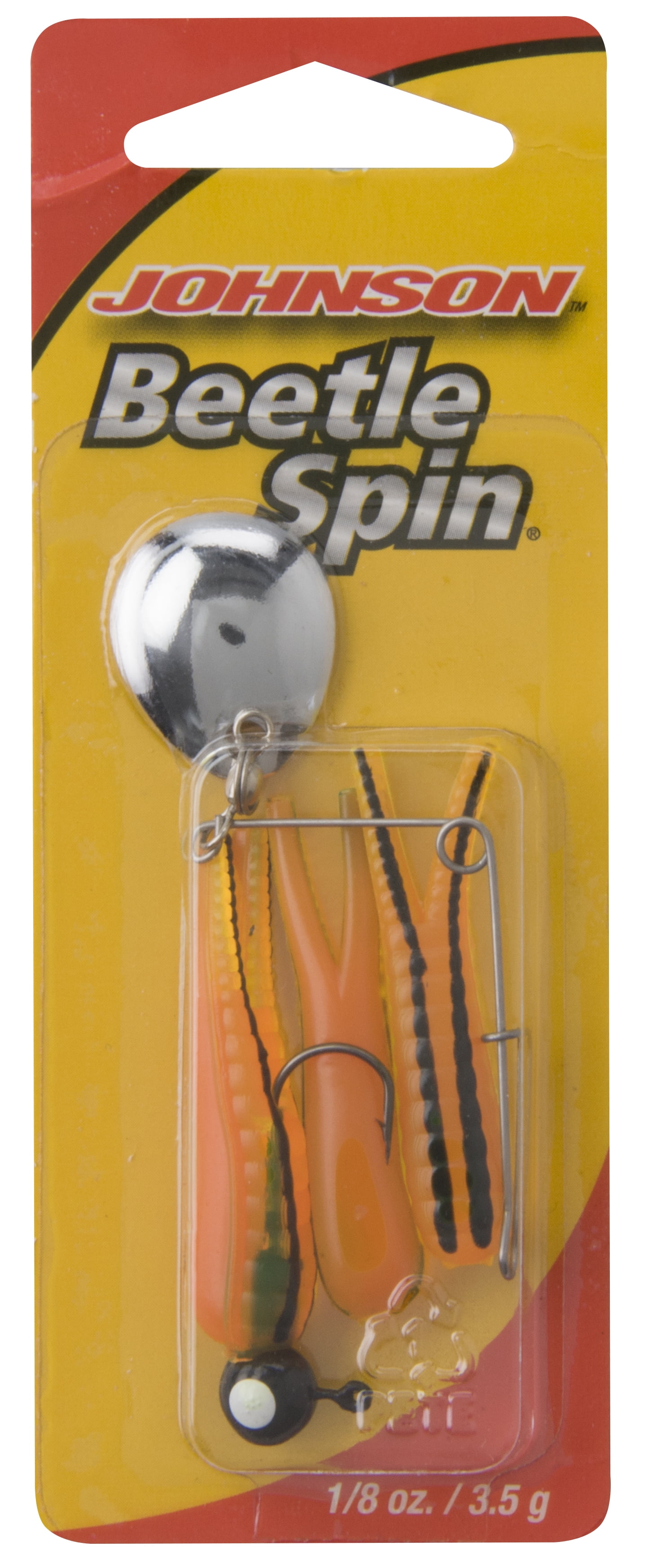 (2 pack) Johnson Original Beetle Spin Fishing Lure, Black/Chartreuse/Orange, 2 in