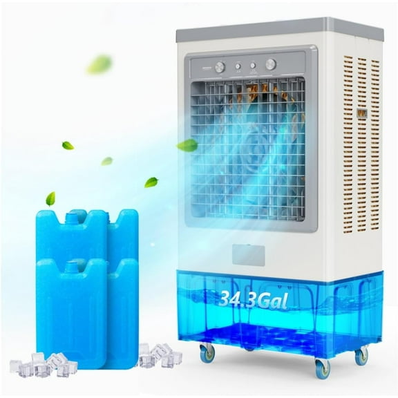 ROVSUN 34.3Gal/130L Swamp Cooler, 9000CFM Evaporative Air Cooler, 500W Strong Motor, 3 Speeds, 4 Ice Packs, 3-IN-1 Humidifying Cooling Fan for Shop, Factory, Garage