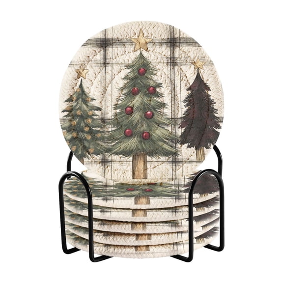 WOBOGO Christmas Trees on A White and Black Plaid Pattern Coil Coasters Set of 6 Minimalist Cotton Woven 3.94 inch Non-Slip Insulated and Absorbent Home Accessories.