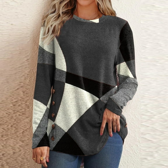 Aloohaidyvio 2024 Summer Plus Size Tops,Women Tops Casual Round Neck Buttons Geometric Contrast Color Long Sleeve T-Shirt