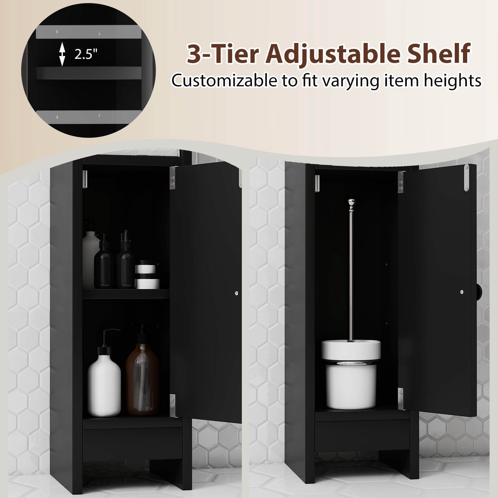 Costway Bathroom Storage Cabinet with Adjustable Shelf 1 Door & 2 Open Shelves Living Room Black