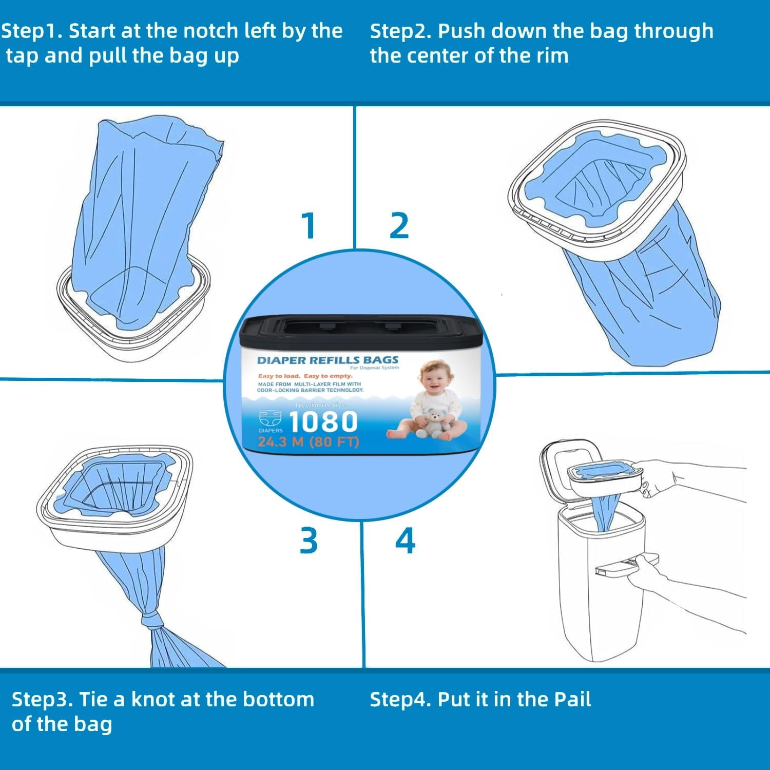 Jumbo Square Refills Disposal Bags Refill Compatible with Genie Diaper Compact, Select Pails, Hold Up to 1080 Newborn-Sized Diapers Per Refill，2 Packs
