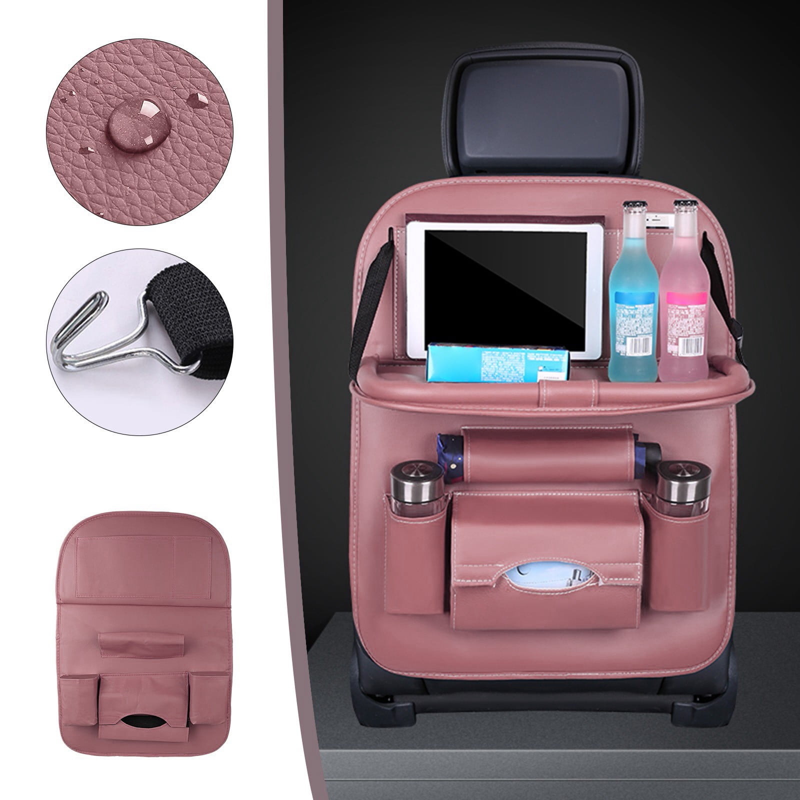 Leather Car Seat Storage Bag, Multifunctional Backseat Organizer with Foldable Tray, Mobile Phone Holder, Tissue and Bottle Storage, Travel and Family Car Use