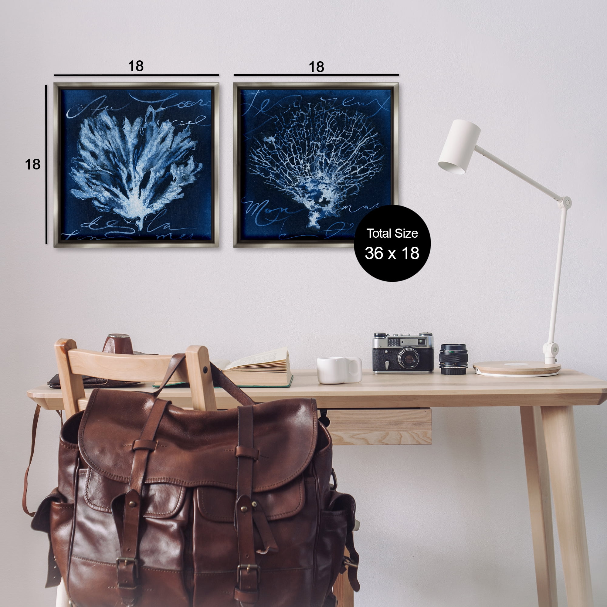 Stupell Industries Dark Blue Coral Pieces Nautical & Beach Painting Gray Floater Framed Canvas Art Print Wall Art, 18 x 18, Set of 2