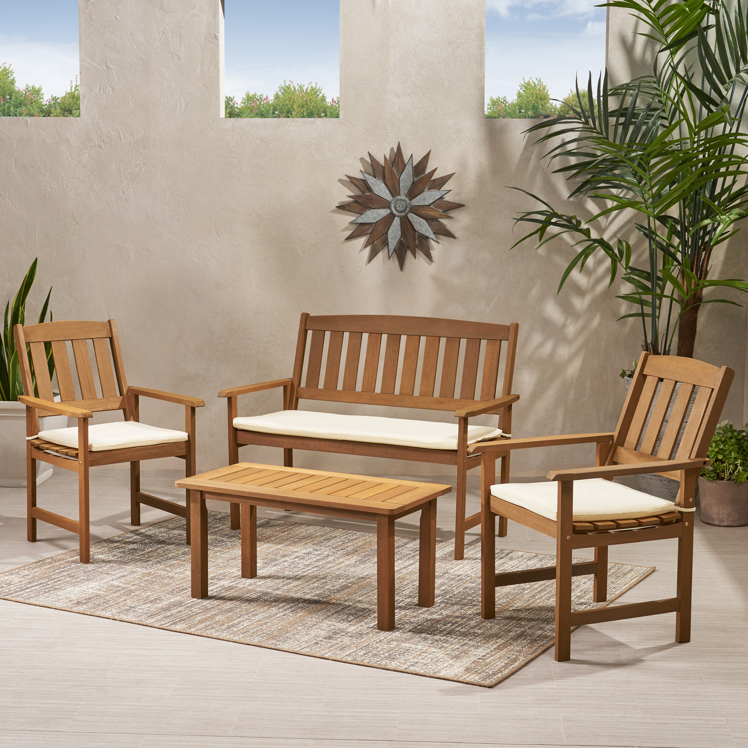 Emilia Outdoor Meranti 4 piece Wood Chat Set with Cushions, Honey Oak, Cream - image 2 of 8