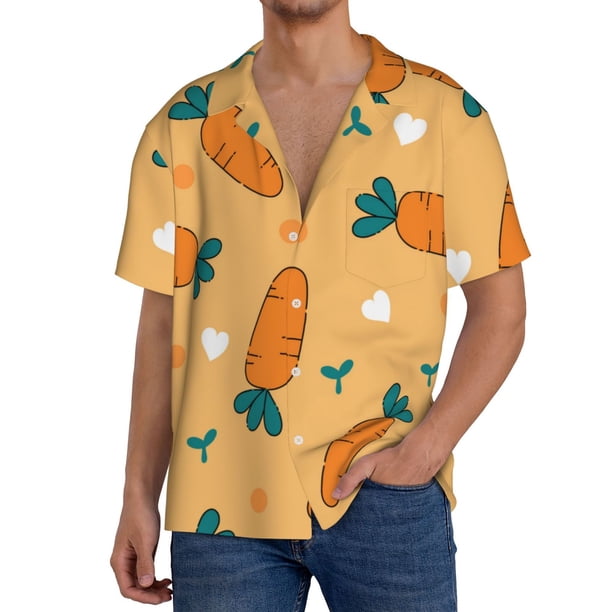 Fotbe Love Carrot Camisa Estampada de Manga Corta para Hombre, Casual de Verano, Estilo Playero, Sin Arrugas-Large