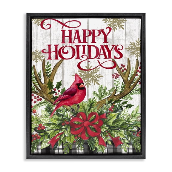 Stupell Industries Rustic Lodge Happy Holidays Cardinal Black Floating Frame Canvas Art, 17 x 21, by Elena Vladykina