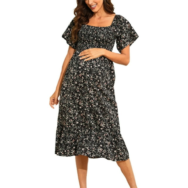MEZZALL Robe Femme Florale à Encolure Carrée Robes Midi Robe de Maternité Enceinte Décontractée Robe Trapèze Longue Fluide à Smocks Mignonne Tenue Quotidienne TG