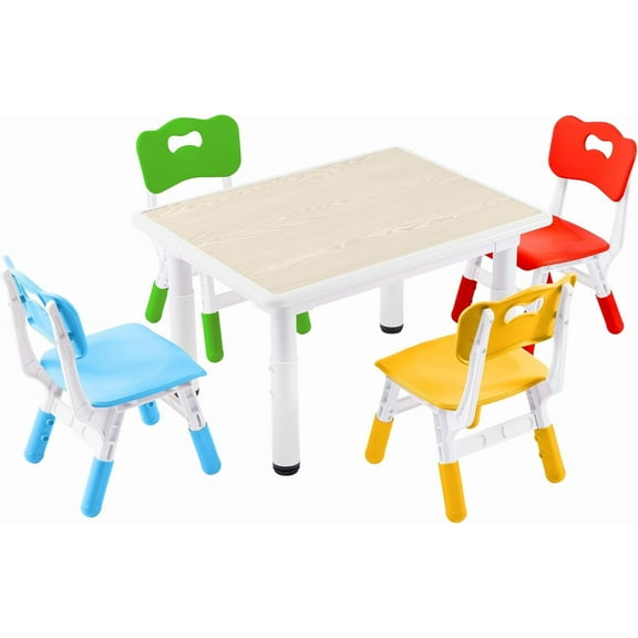 HLL Kids Study Table and Chairs Set, Height Adjustable Toddler Table and Chair Set for Kids Ages 3-8, 31.5" L x 23.6" W Graffiti Desktop Plastic Children Art Table with 4 Seats  Multicolored