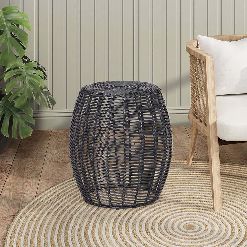 Abble Patio Side Table, Wicker Small Round Metal End Table, Rattan Accent Table for Outside Garden Stool, Outdoor Ottoman - Black