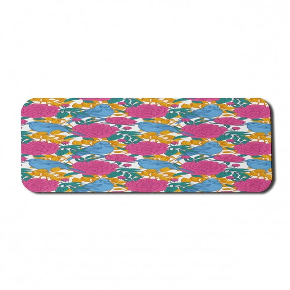 Bird Computer Mouse Pad, Spring Peony Blossoms Leaves Print in Vibrant Colors, Rectangle Non-Slip Rubber Mousepad Large, 31" x 12" Gaming Size, Multicolor, by Ambesonne