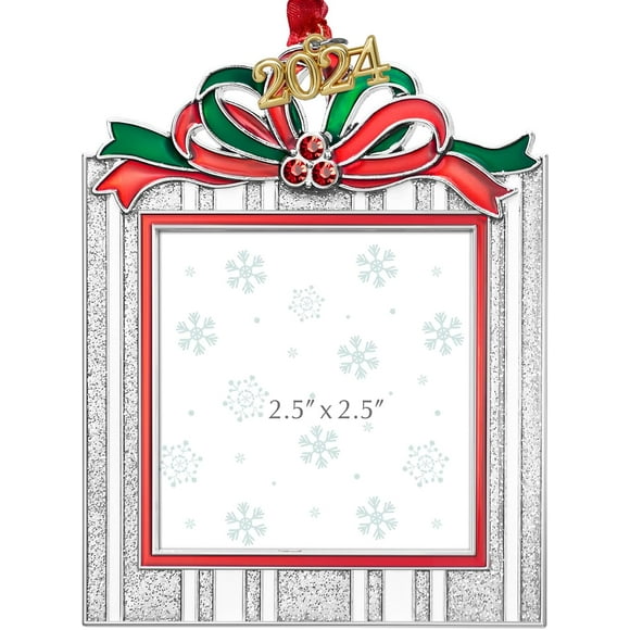 GUOER Christmas Tree Ornament Picture Frame Holiday Keepsake Gift Home Decor Christmas Decorations Xmas Gifts Pendant with 2.5" Photo Frame Insert (Silver White 2024)