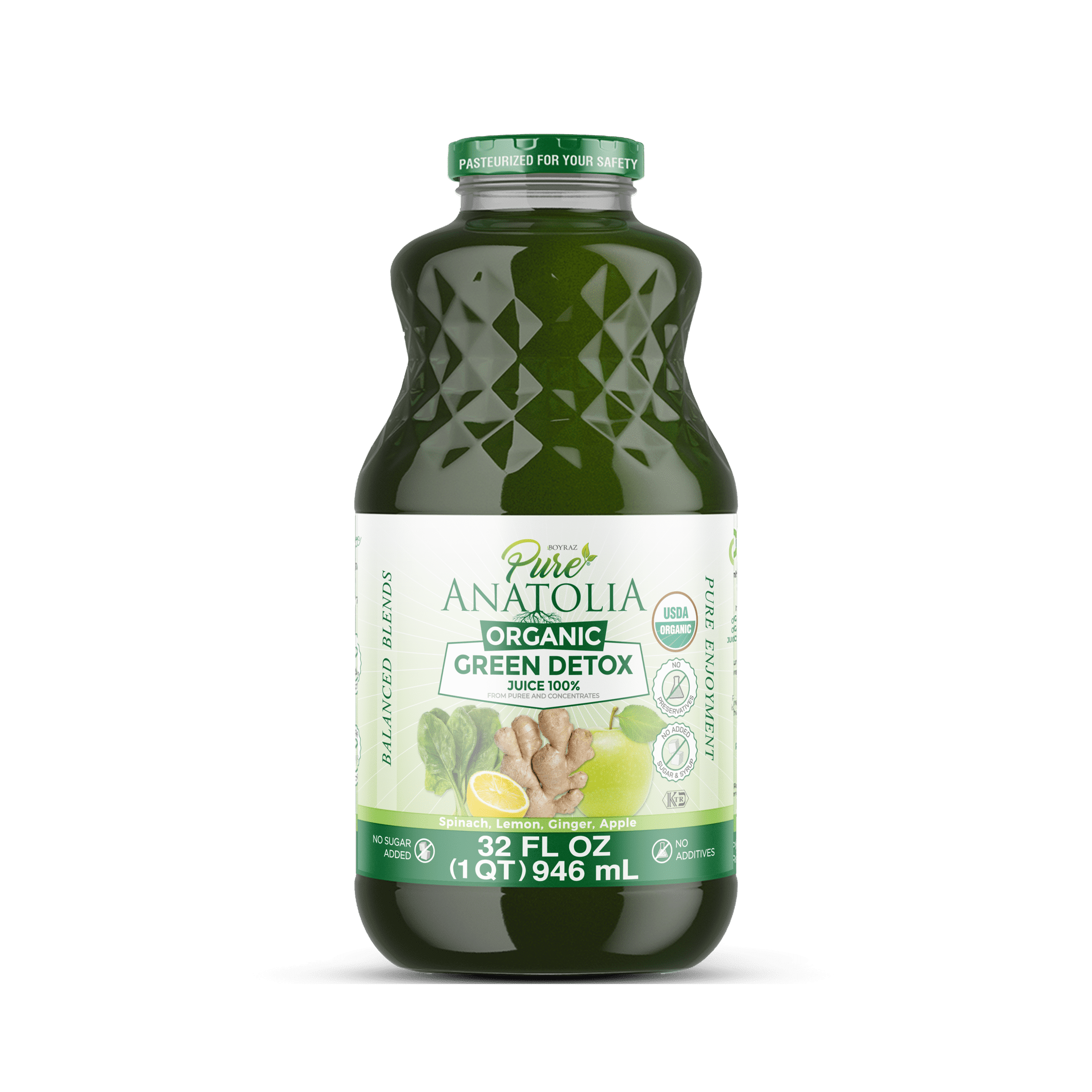 Pure Anatolia Organic Green Detox Juice Spinach, Apple, Ginger, Lemon , 32 Fl Oz Glass Bottle