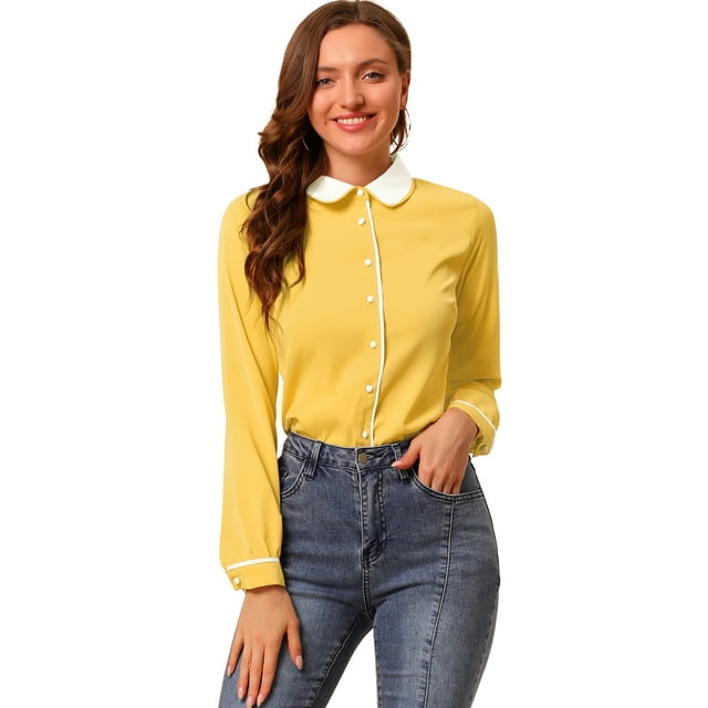 INSPIRE CHIC Women's Button Up Doll Collar Long Sleeve Work Shirt Yellow S