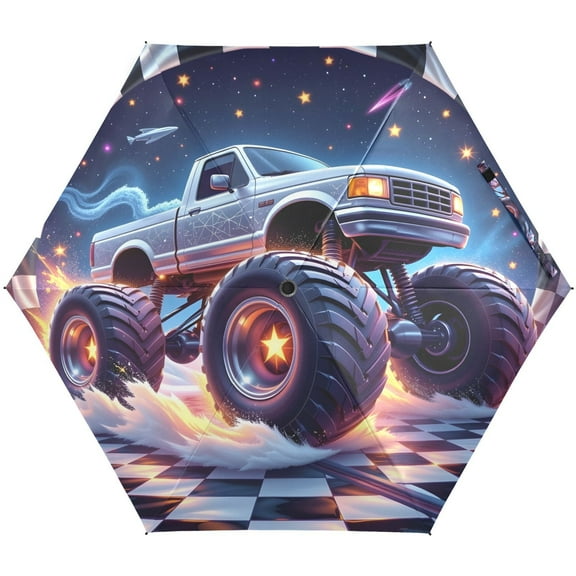 JSTEL Monster Truck Checkered Folding Umbrella for Rain Sun Travel Mini Lightweight Compact Umbrellas
