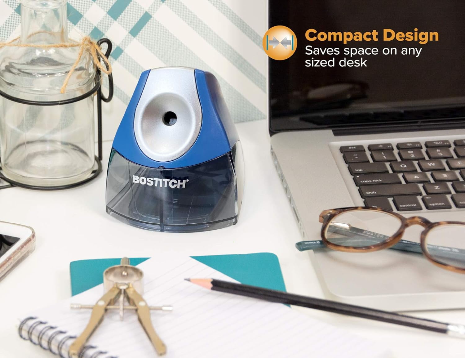 Office Electric Pencil Sharpener for Classroom & Desk Use, Heavy-Duty Stall-Free Motor, High-Capacity Shavings Tray, Dark Blue