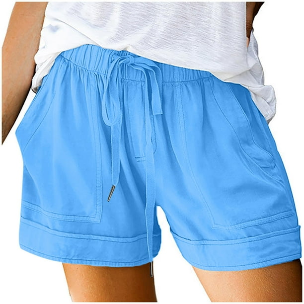 Pantalones cortos de talla grande para mujer - Pantalones cortos con cordón para playa de verano 2025 con bolsillos, cintura alta, corte holgado, algodón/poliéster, oficina/fiesta/vacaciones