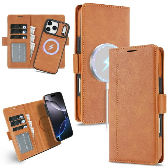 ELEHOLD Wallet Magnetic Case For iPhone 17 Detachable Back,  Compatible with Mag-safe, 2 in 1 Shockproof Soft PU Leather Flip Card Slot Magnetic Case with Strap,Brown