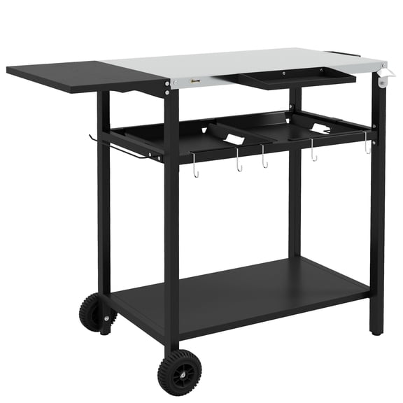 Patio Furniture Sets Outsunny Outdoor Bar Cart with Stainless Steel Tabletop, Kitchen Island with Wheels, 2 Tiers & Seasoning Shelf, Patio Serving Cart with Hooks, Towel & Garbage Bag Holder, Plates