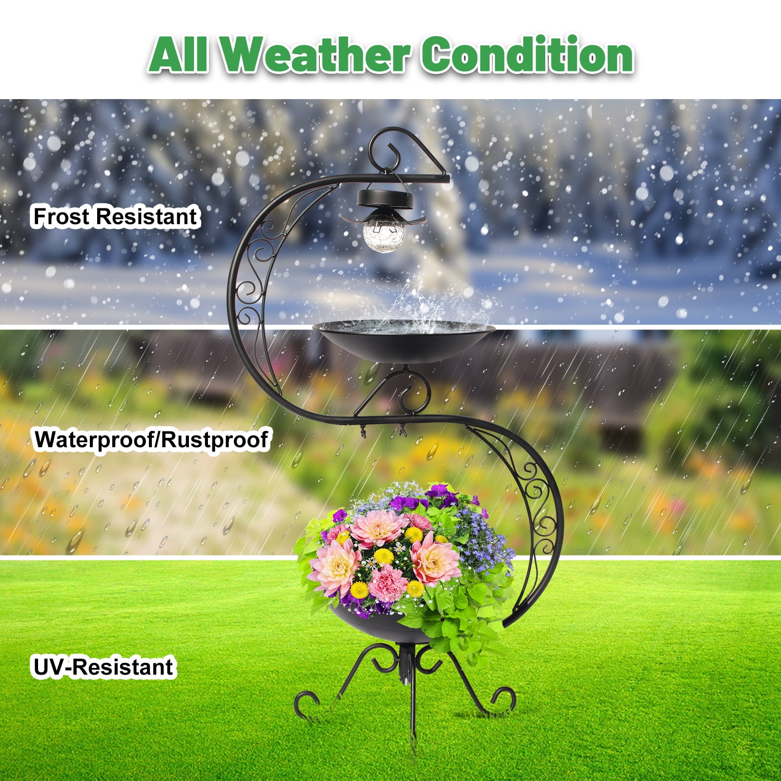 HONGLAND 36" Vintage Cast Iron Bird Bath with Solar Lights & Feeder, Weather-Resistant Outdoor Garden Decor for Hummingbirds