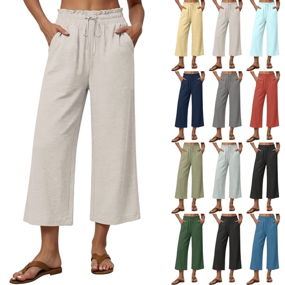 Lumtrix Womens Cotton Linen Wide Leg Pants Casual Zipper Front Summer Cropped Trousers Dressy Pants with Pockets Dark Gray M