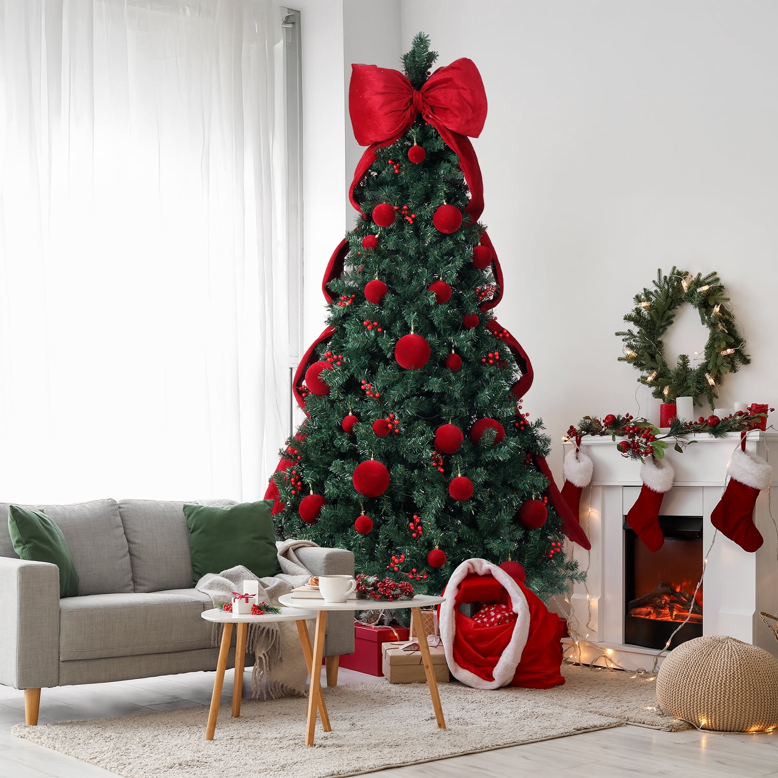 Astoutdoor 7.5 ft Artificial Christmas Tree with 300 Warm White LED Lights, Hinged Pine Tree with Bowknot and Red Ball Ornaments, Dark Green