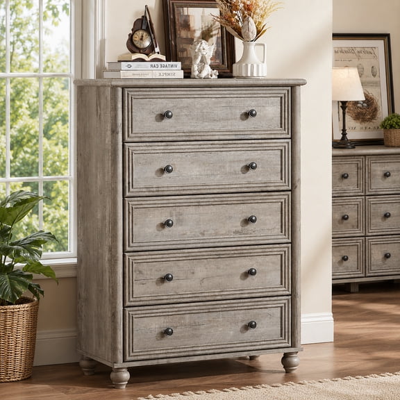Leyaoyao 5 Drawer Dresser for Bedroom, 45" Tall Chest of Drawers, Farmhouse Vertical Dresser with 4 Wooden Legs for Bedroom, Living Room, Gray