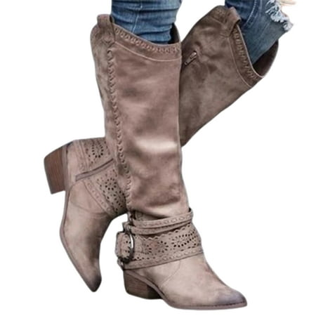 

Western Cowboy Riding Boots with Thick Heel Under Knee PU Boots Middle Tube Boots for Women Winter Autumn Supply