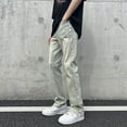 thumbnail image 4 of Fashion American high street vibe pants men's retro yellow mud dyed jeans men's trendy loose straight leg micro flared long pants, 4 of 25