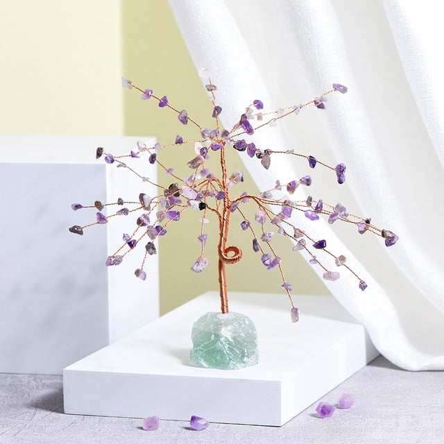 Xiao Hua 1 pieza de adorno de árbol de la vida de hoja de piedra triturada natural morada, base de piedra cruda natural verde, artesanía, adorno decorativo de escritorio para el hogar
