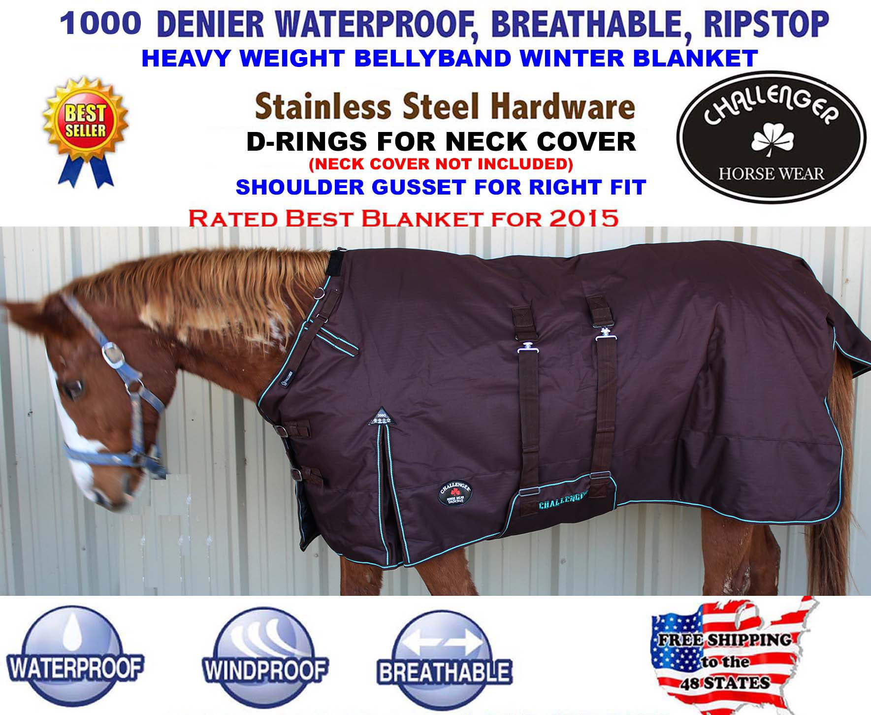 CHALLENGER 74 1200D Turnout Waterproof Horse Winter Blanket Heavy Belly Band 550B
