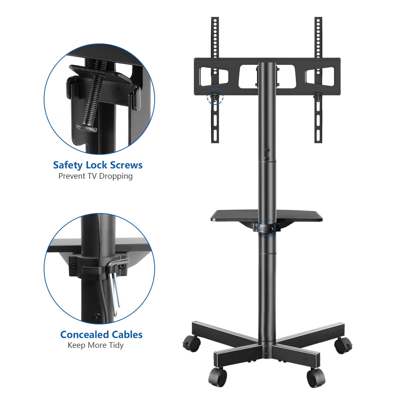 RTVR Modern Rolling TV Stand Mobile TV Cart for 32 to 65 inch Flat Panel Screens, Swivel Black