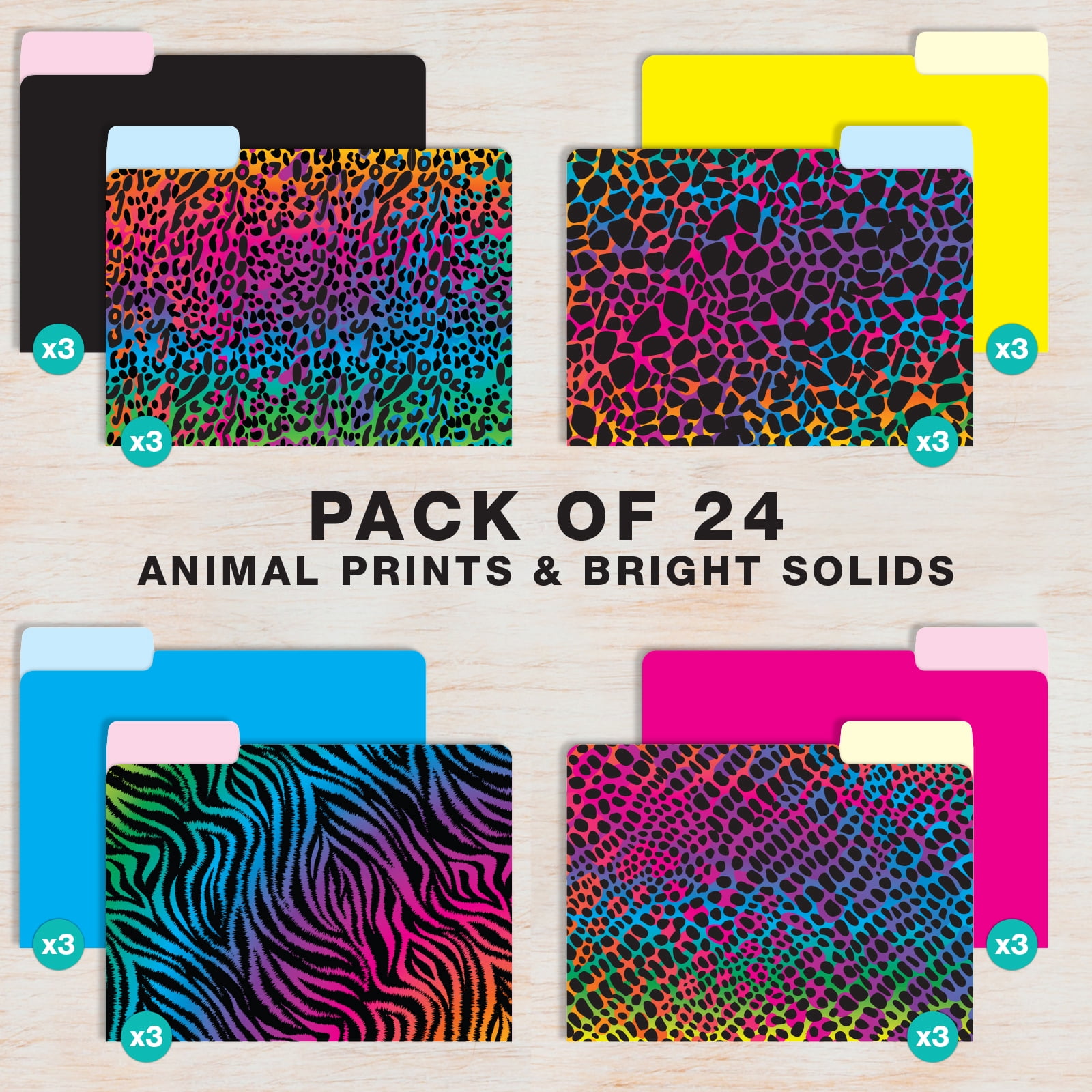 Global Printed Products Deluxe Designer Printed File Folders, 1/3 Cut Tab, Assorted Positions, Letter Size, 24/pk (Animal Print)