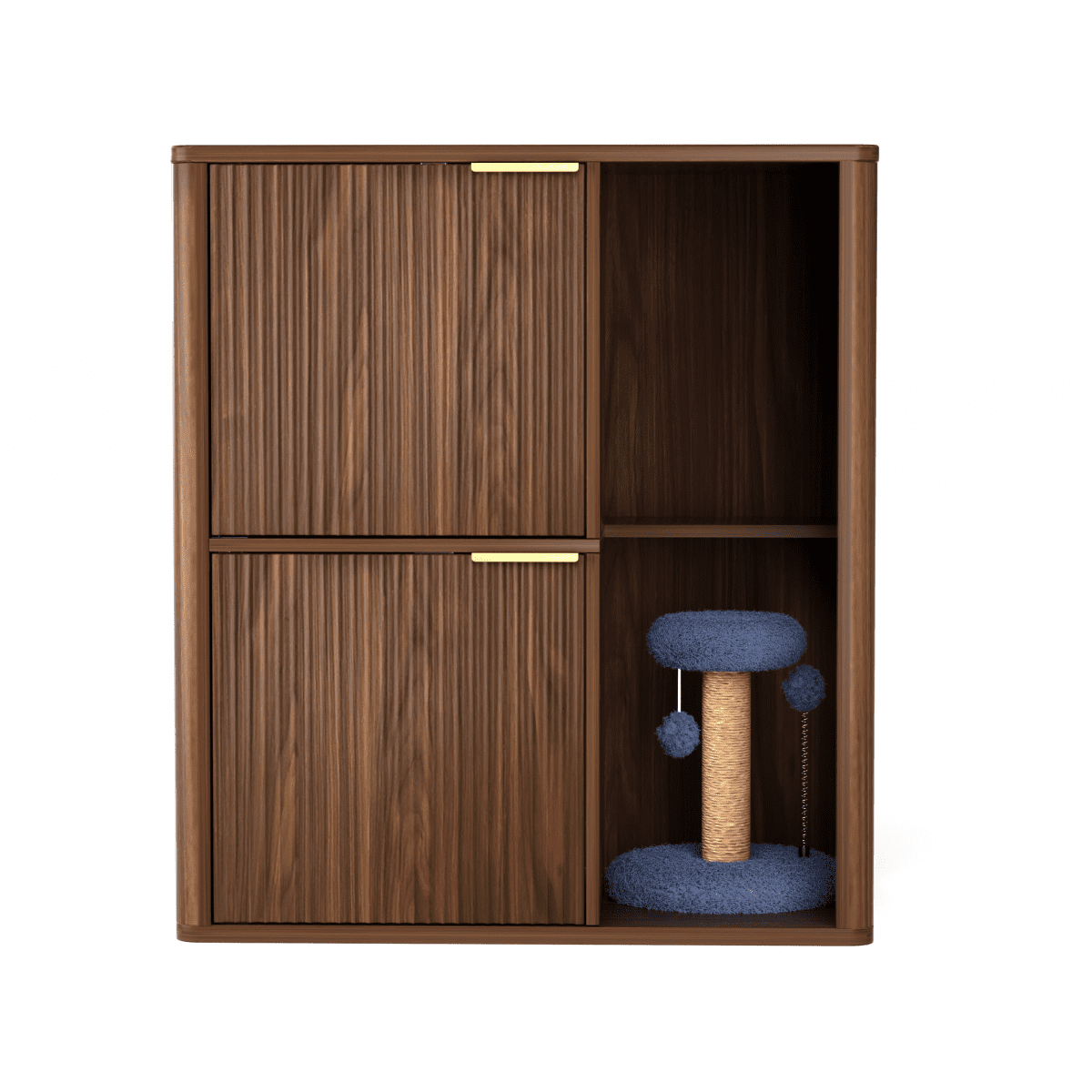 LuckyNote Cat Litter Cabinet with Cat Tree, 31.5" Walnut Hidden Litter Box Furniture with Dual Cat Doors & Storage Shelf, Mid-Century Modern Pet Cabinet