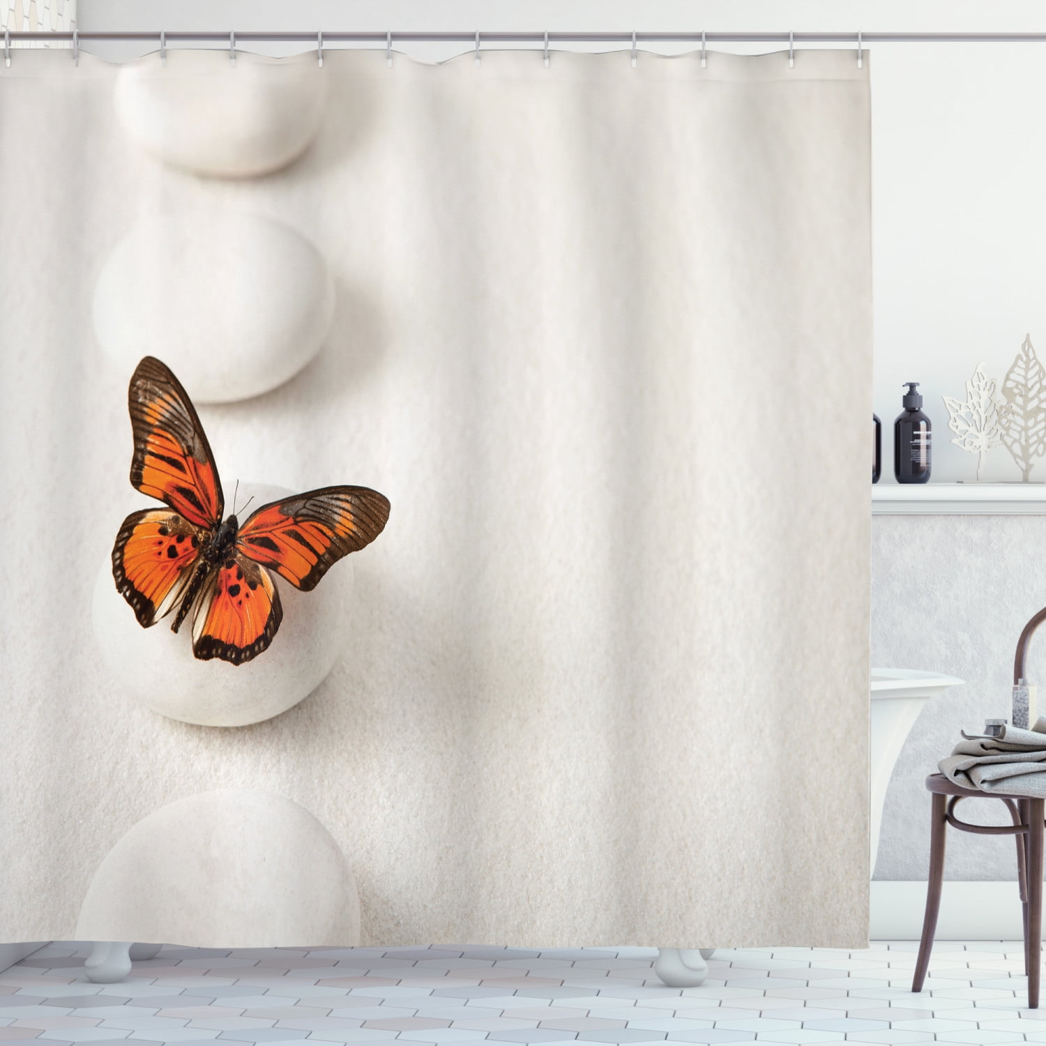 Butterflies and pebbles Shower Curtain Bedroom Decor Waterproof Fabric & 12Hooks 