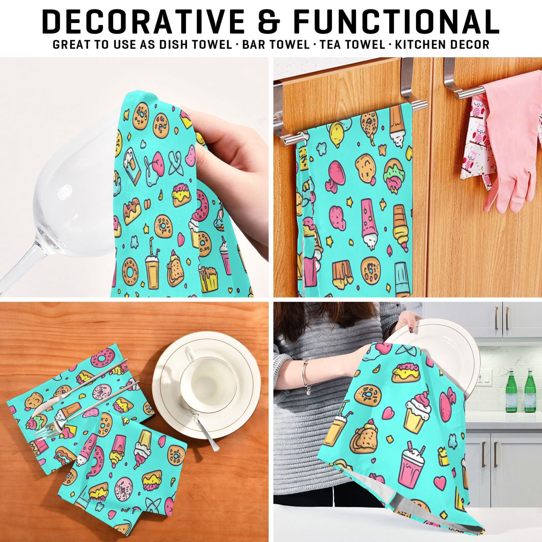 Children's Drawings Food Kitchen Towels 6-Piece Pack Tea Towels for Kitchen Decorative Waffle Design 28x18in