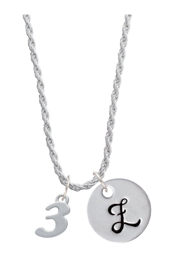 Silvertone Number - 3 - Silvertone Script Initial Disc - Z - Charm Necklace, 20"+3"