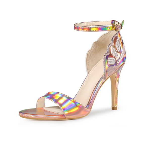 BLISSFUL STEP Women's Embroide Leather Ankle Strap Stiletto Heel Sandals Rose Gold 7