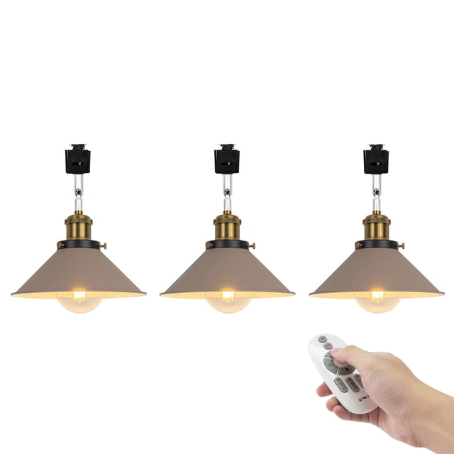 FSLiving Adjustable Angle Remote Control J-Type Track Pendant Light,E26 Copper Base with Khaki Metal Shade,Dimmable&Color Changing&Timing Lamp for Store (Ceiling Track Sold Separately) - 3 Lights