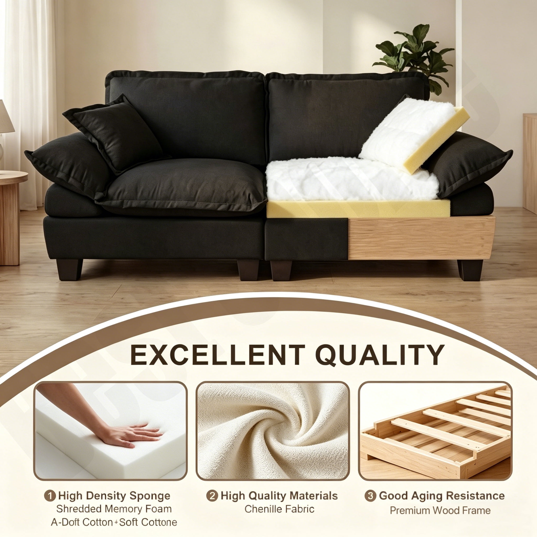 AISWORD 2 Seater Loveseat Sofa, Comfy Small Couch, Modular Sectional Love Seat with Pillows for Bedroom, Apartment, Office, Small Spaces, Black