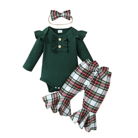 

Christmas Newborn Baby Girl Outfit Infant Ribbed Frill Long Sleeve Romper Plaid Flare Pants Bow Headband 3pcs Fall Clothes Set