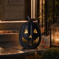 thumbnail image 4 of Halloween Black Pumpkin Lantern Tabletop Decoration, 9" Handmade Resin Pumpkin Lantern Candle Holder, Scary Carved Face, Holds Taper Candles, Indoor/Outdoor Decor, Spooky Black Finish, 4 of 7