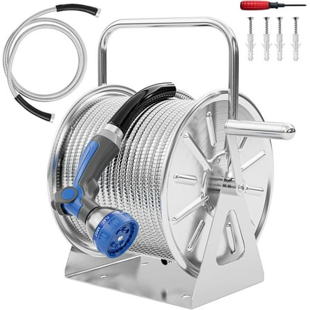 SPECILITE Stainless Steel Outdoor Hose Reel with 100ft Water Hose and 6.2ft Leader Pipe, Wall/Floor Mounted for Yard, Patio