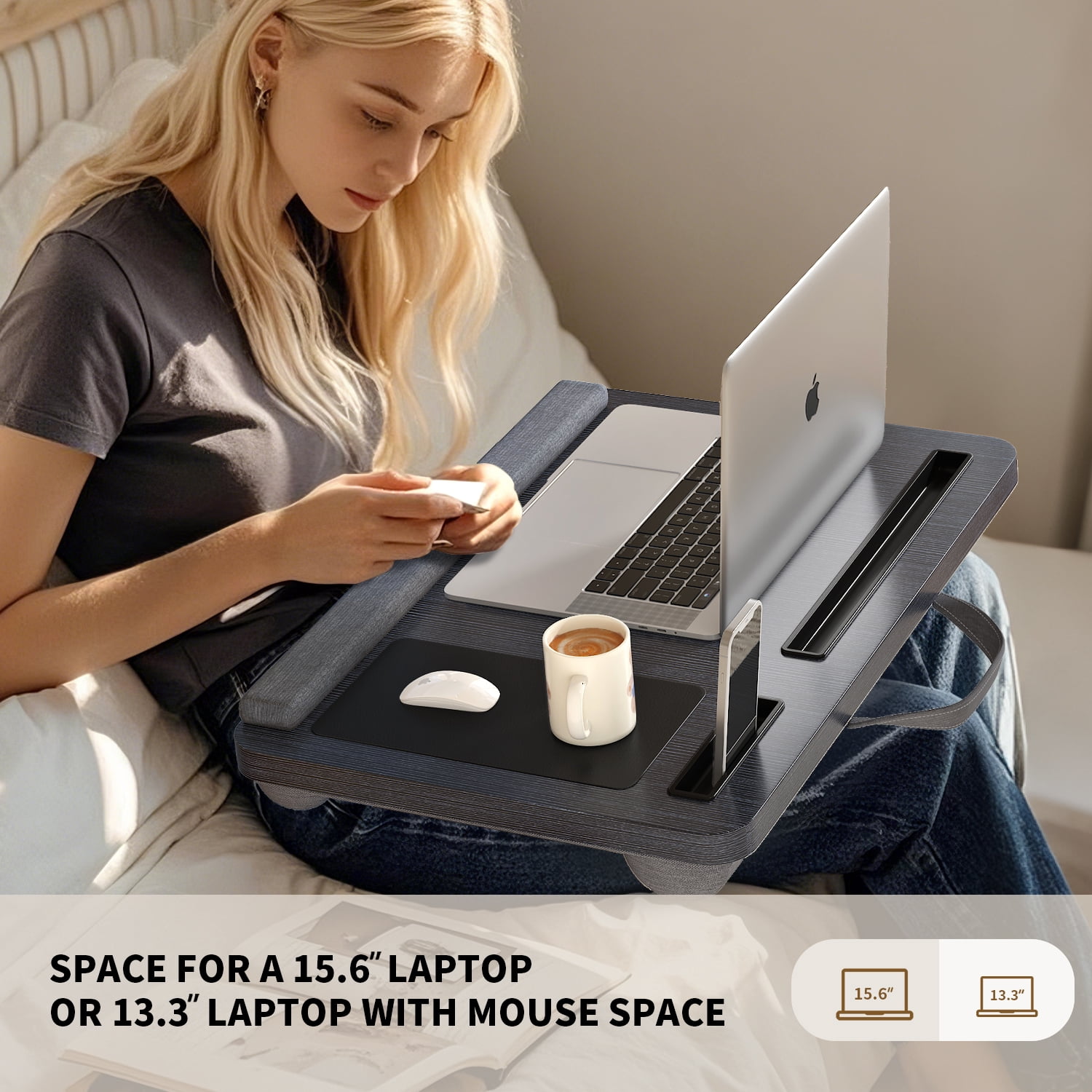 UNICOO Portable Lap Desk with Pillow Cushion, Fits 15.6" Laptop – Anti-Slip Strip, Storage Slot, Ergonomic Laptop Stand for Bed, Couch, or Home Office | Students, Home Office, or Travel (Ebony Black)