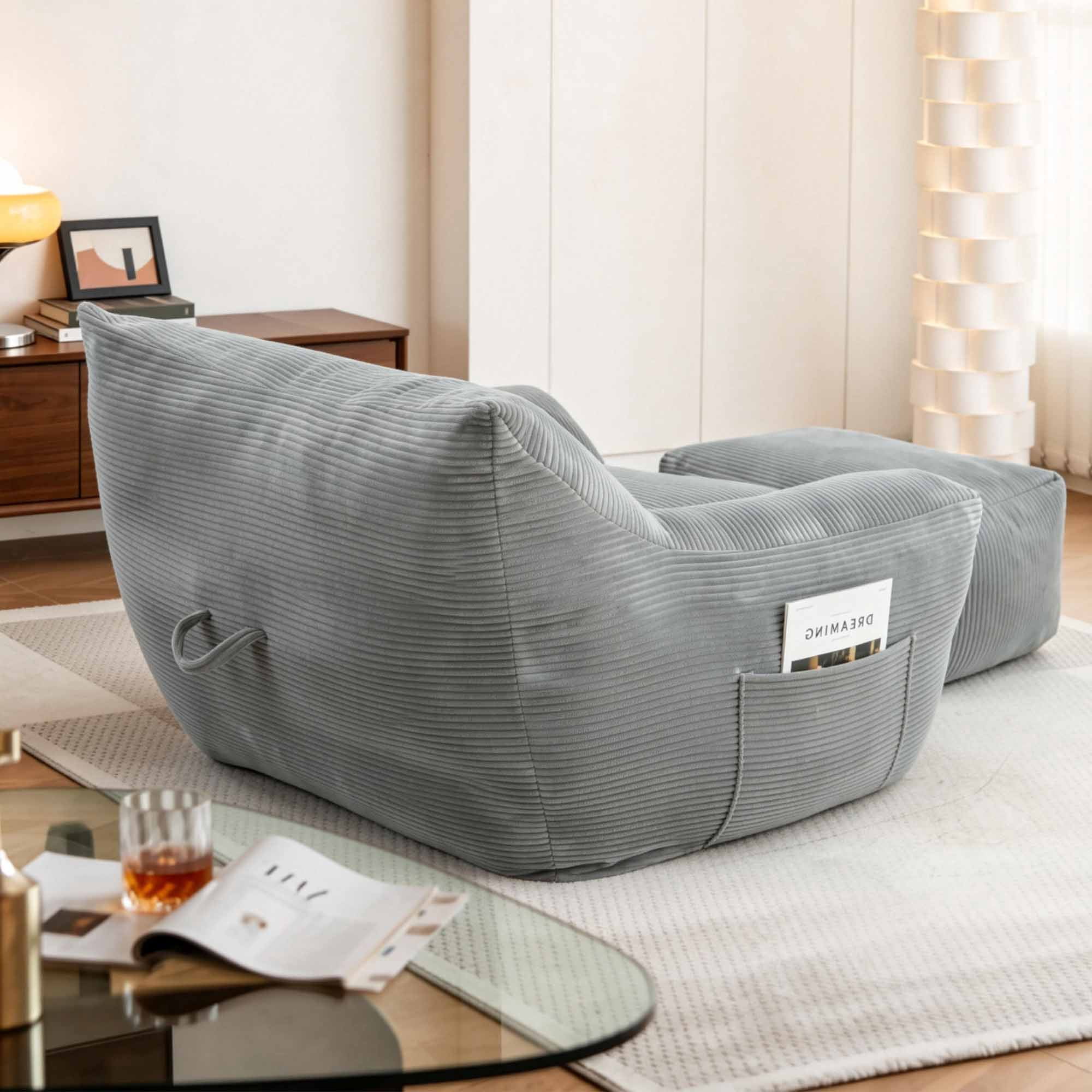 Lunale Oversized Bean Bag Chair with Ottoman, Boneless Lazy Sofa Chair for Bedroom, Living Room, Gray Corduroy