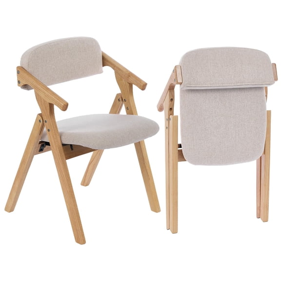 Beige Wooden Folding Chair With Padded Seat And Armrests
