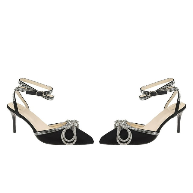 Sandalias con correa en el tobillo con punta en pico para mujer, exquisitos diamantes de imitación, decoración de lazo, zapatos de tacón alto con punta cerrada, color negro, talla 38