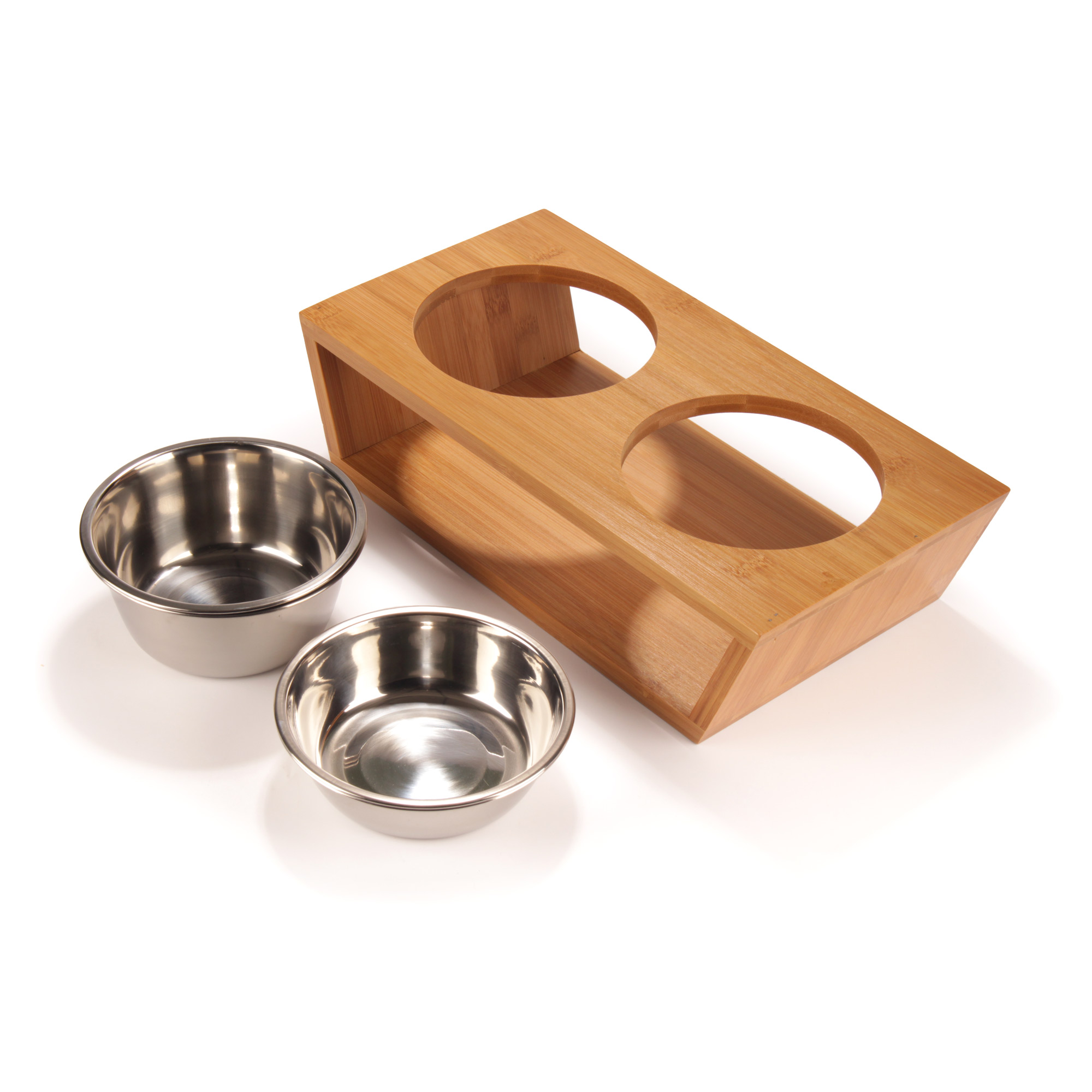 BambooMN Elevated Dog Bowl Feeder - 100% Bamboo Stand, 4 Metal Bowls for Food and Water - Small